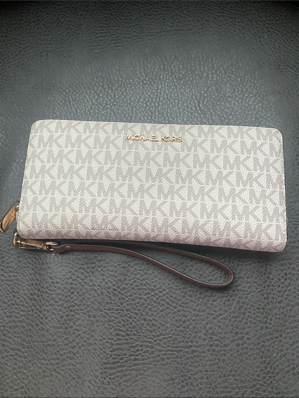 Michael Kors Beige Monogram Wristlet with Brown Trim
